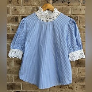 NWT ENGLISH FACTORY Blue Striped Lace-Trim Mock Neck Blouse Size L